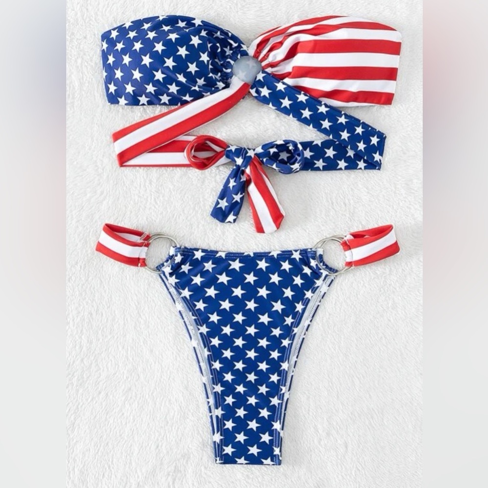 American Flag Print Ring Linked Bandeau Bikini Swimsuit